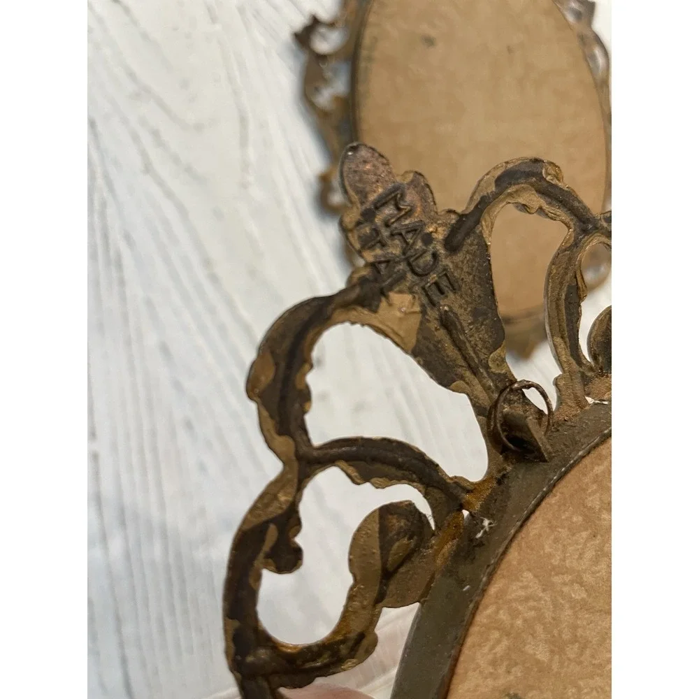 Pair (2) ‎ Vtg Italian Floral Print Ornate Brass Frame Convex Bubble Glass Italy